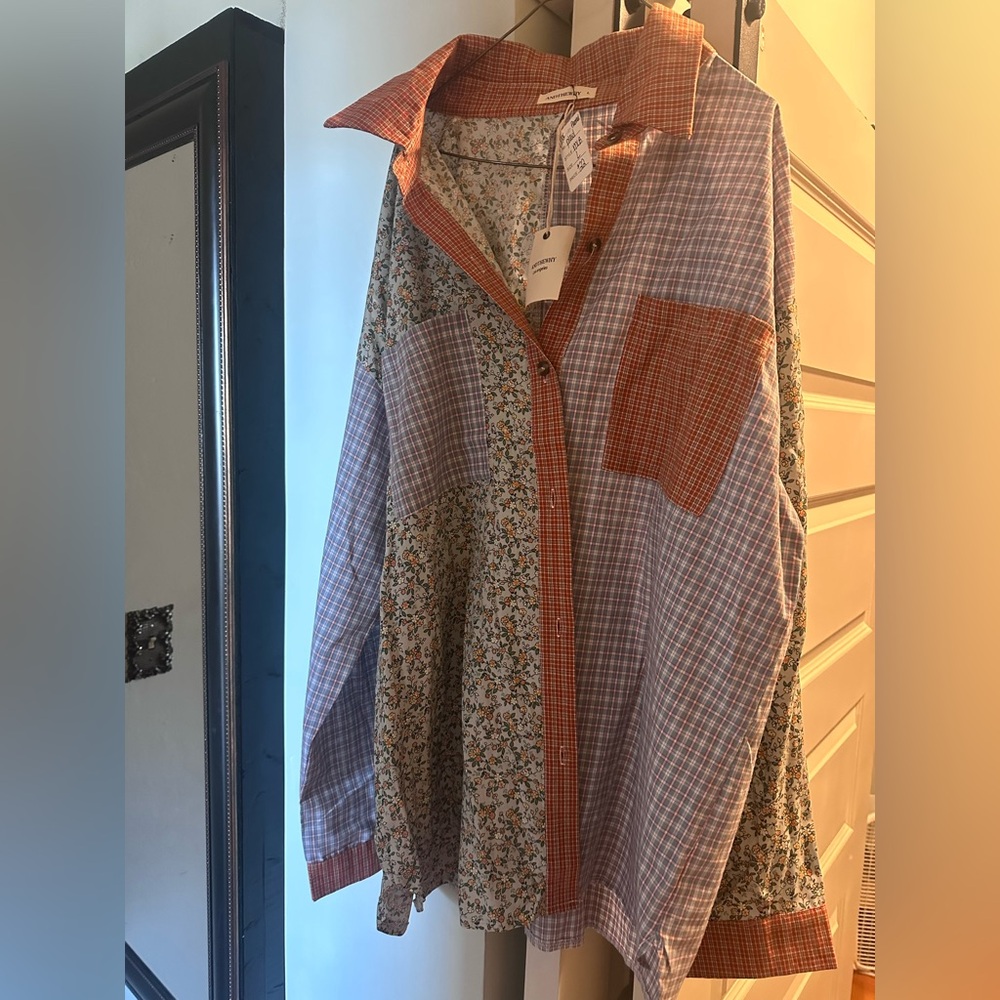 Patchwork Floral & Plaid Button-Up Blouse in Orange and Cream